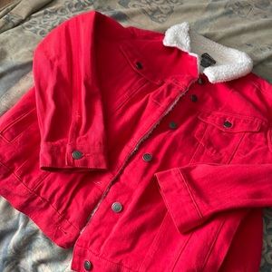 Red denim cozy Sherpa lined jacket